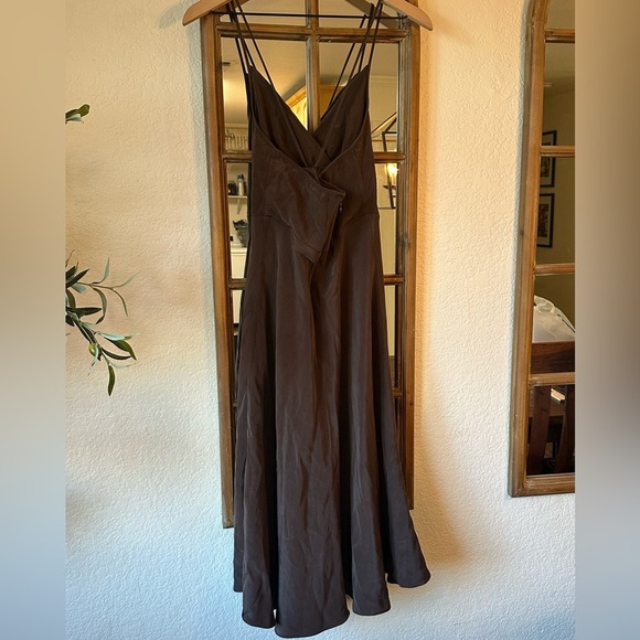 J.Crew 100% Silk Chocolate Brown Midi Dress Size 8 Spaghetti Strap VNeck A-Line - Picture 2 of 8